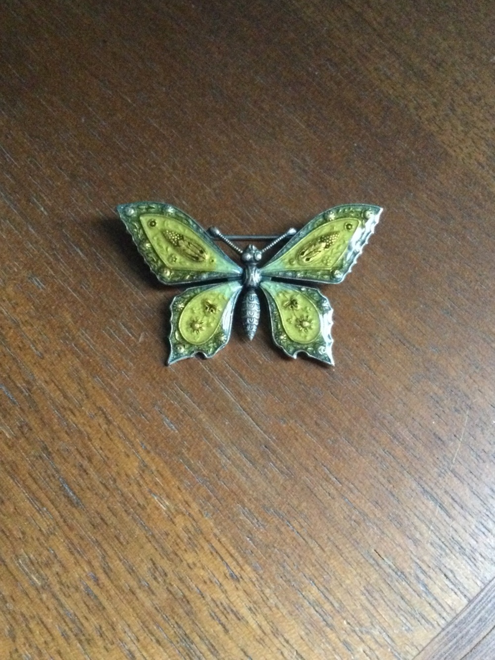 Vintage Catherine Popesco France Yellow Guilloche Enamel Butterfly Brooch Pin